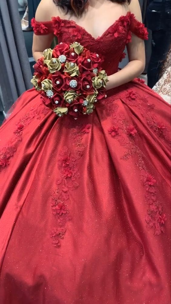 Red Off The Shoulder Ball Gown With Appliques Sweet 16 Dress Y6454