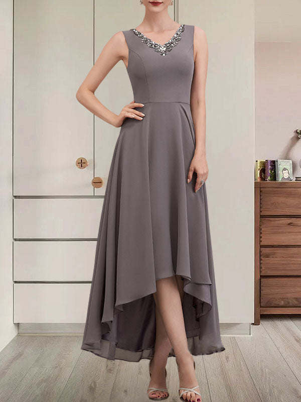 A-Linien-Kleid mit V-Ausschnitt, asymmetrischem Chiffon für die Brautmutter mit Perlen und Pailletten