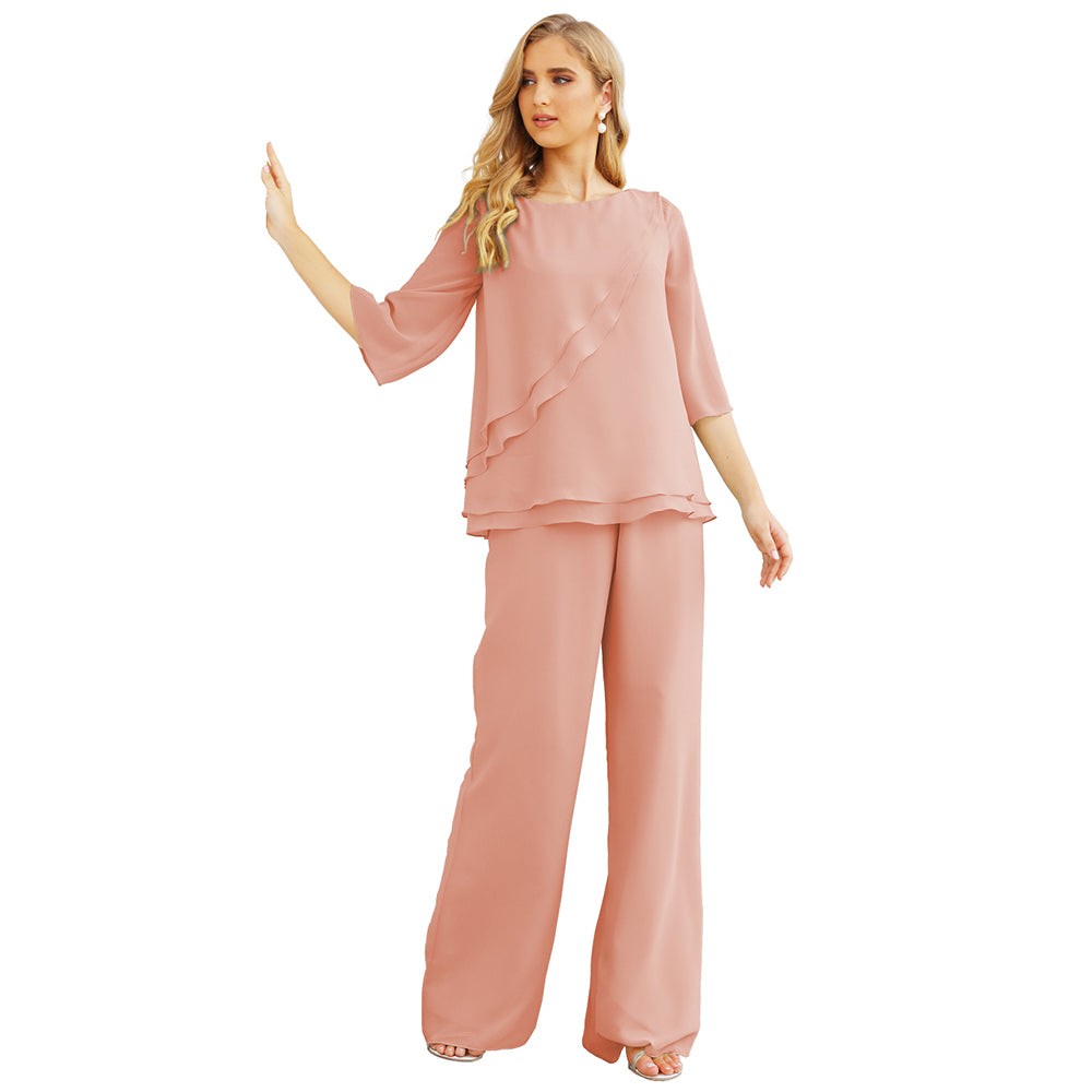 Sunnderly Chiffon Mother of The Bride Dress Plus Size Pant Suits Ruffle Layers