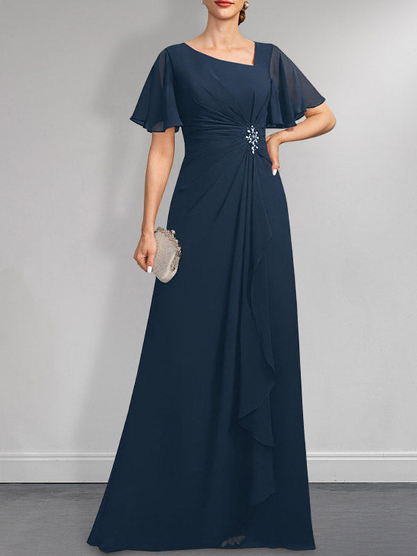 A-Linie, asymmetrisch, bodenlang, Chiffon, Kleid für die Brautmutter mit plissierten Perlen und Pailletten