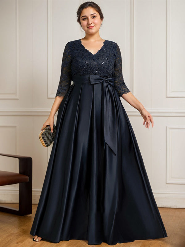 A-Linie V-Ausschnitt Bodenlanges Satin-Spitzenkleid für die Brautmutter mit Paillettenschleife