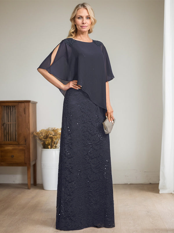 Etui-Linie U-Ausschnitt Bodenlang Chiffon Spitze Kleid für die Brautmutter mit Pailletten Perlenbesatz