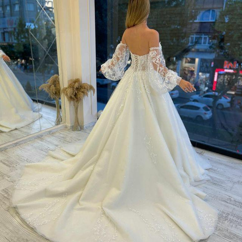 Sweetheart Tulle Wedding Dresses Off Shoulder Lace Up Appliqued Beaded Vestido De Noiva 2022 Puffed sleeves Lace Bridal Dress-payinti