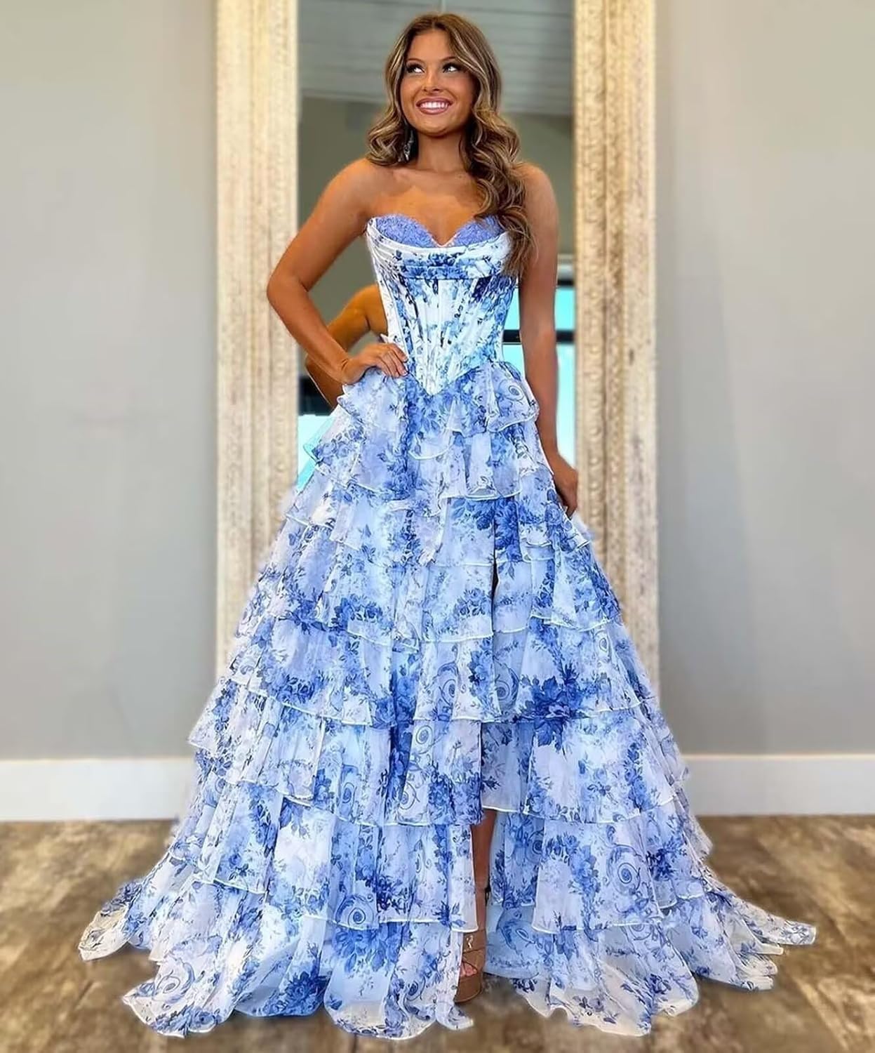 Trägerloses Korsett-Ballkleid für Damen 2025, langes, gestuftes, gerüschtes Chiffon-Abendkleid mit Schlitz