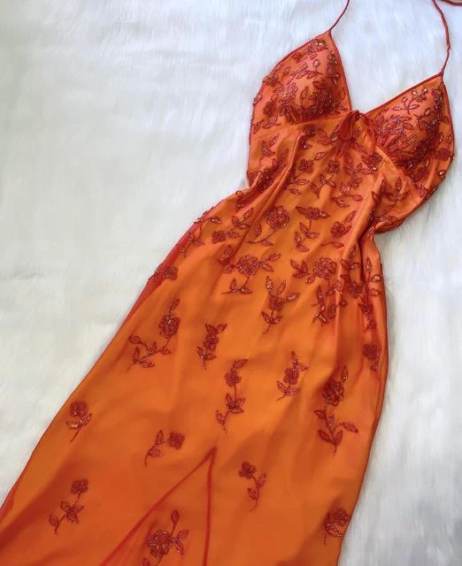 Schönes Orange Träger Perlen Langes Ballkleid Abendkleid Y7506