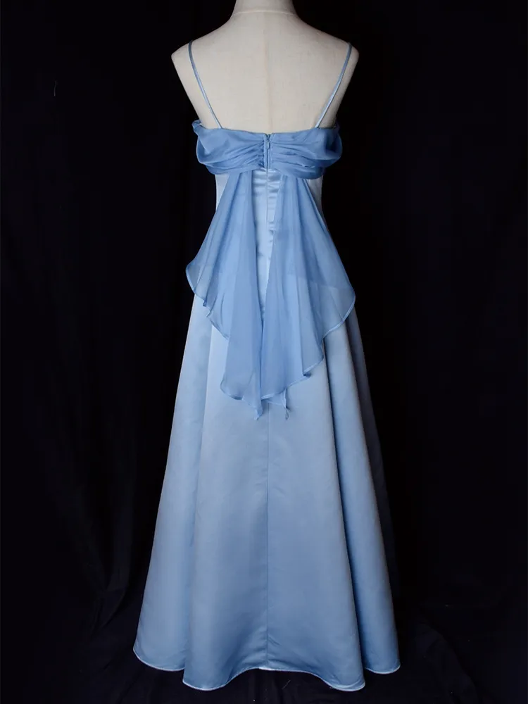 Elegantes blaues Satin Spaghettiträger Abendkleid A-Linie Langes Partykleid Ballkleid Y7557