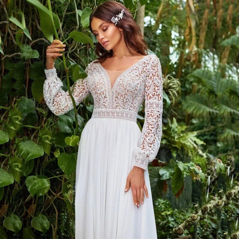 Bohemian Sweetheart Wedding Dresses A-Line Long Sleeve White Lace Applique Chiffon Backless Bridal Gown Train Vestidos De Novia-payinti