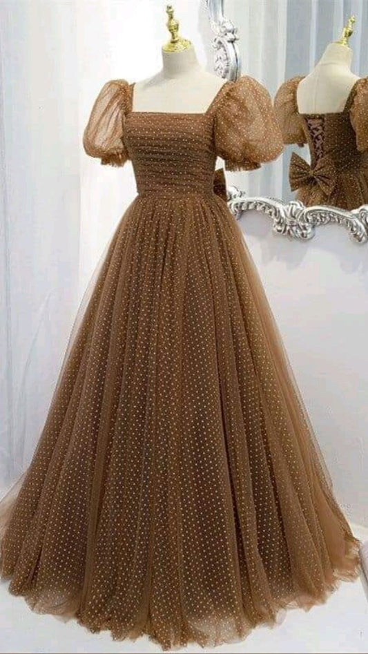 Hermoso vestido de fiesta, nuevo vestido de noche marrón, elegante cuello, mangas abullonadas, corte A, largo hasta el suelo, vestidos formales de fiesta Y1174
