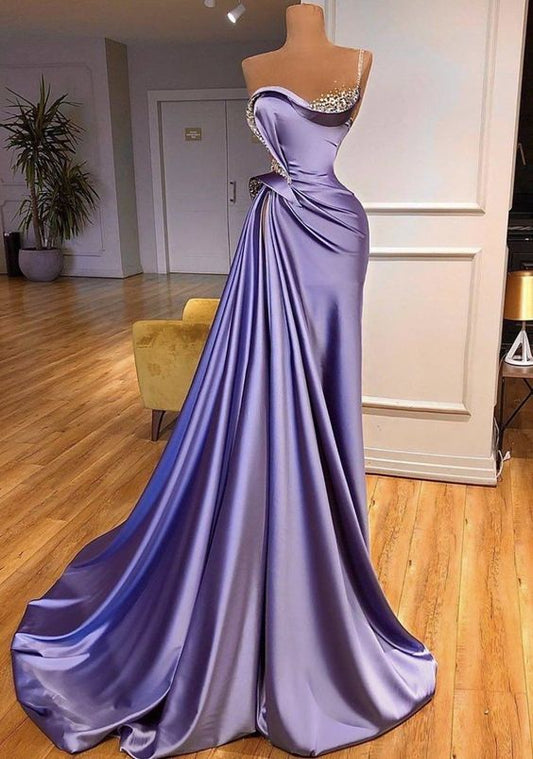 Vestidos de noche de lujo con cuentas, largos, elegantes, de sirena, de satén morado, modestos, increíbles, sin mangas, vestidos de fiesta formales Y1149