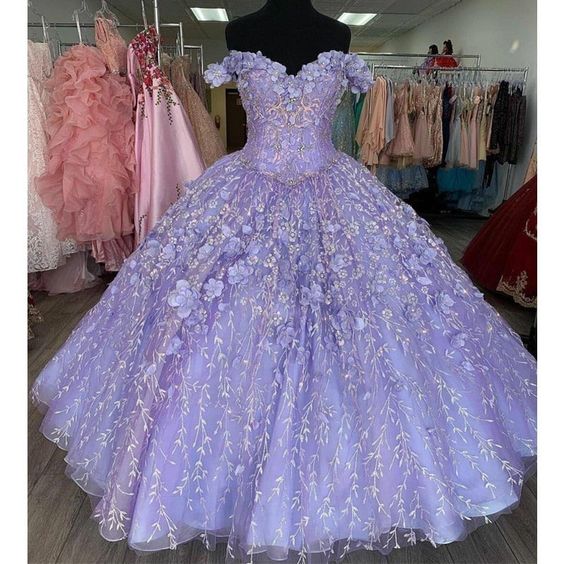 Romantic Lavender 3D Floral Flowers Quinceanera Dresses Off Shoulder Ball Gown Sweet 16 Dress Y1152