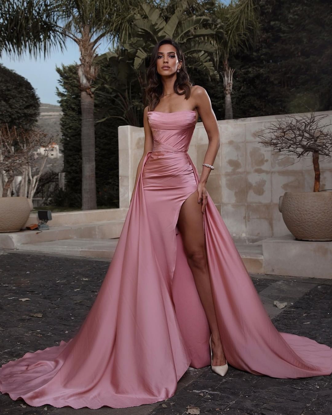 Long Mermaid Strapless Sleeveless Satin Prom Dress With Slit