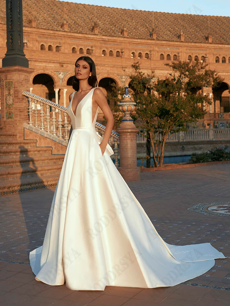 Spaghetti Straps V-Neck Vestido De Novia Sleeveless Appliques Satin Bride Party Backless A-Line Wedding Dress For Women-payinti