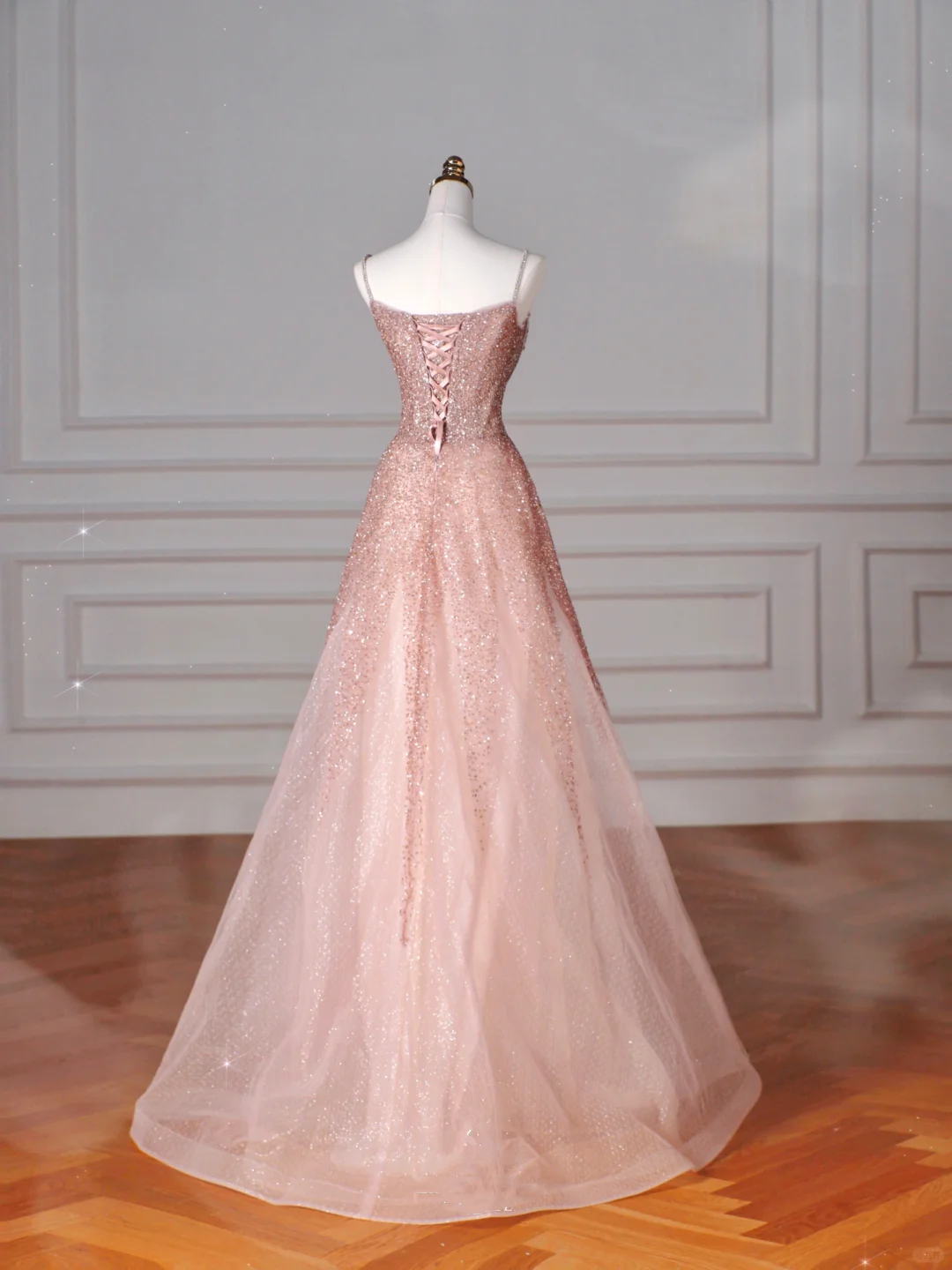 Vestido de fiesta de tul rosa brillante con lentejuelas y cuentas, tirantes finos, corte en A, Y8619