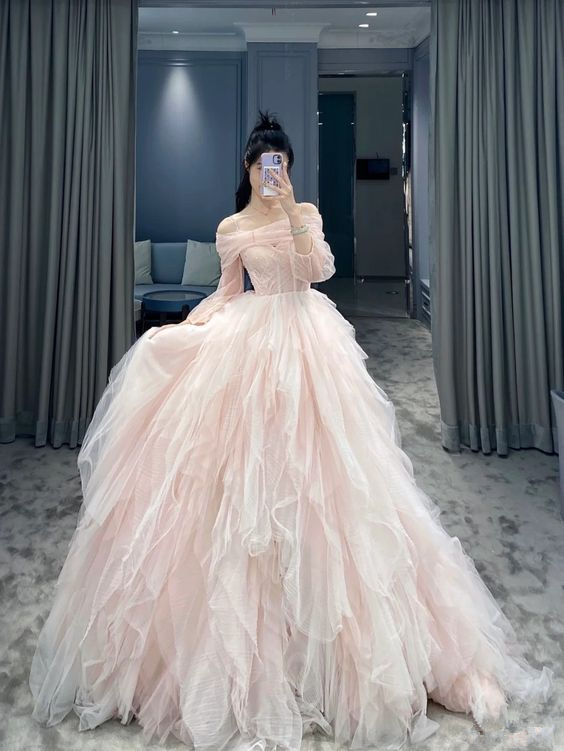 Vestido de fiesta de tul rosa con hombros descubiertos, vestido de princesa rosa Y5972