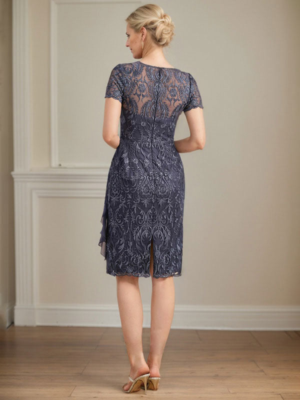 Sheath/Column Scoop Illusion Knee-Length Lace Chiffon Mother of the Bride Dress With Cascading Ruffles Sequins