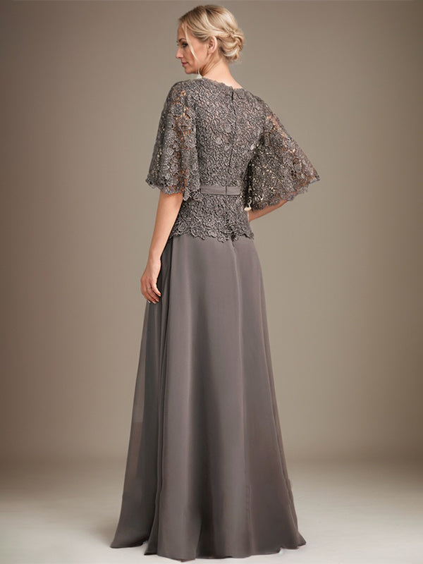 A-Linie V-Ausschnitt Bodenlanges Chiffon-Spitzenkleid für die Brautmutter mit Kristallbrosche und Strass