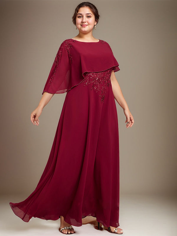 A-Linie U-Ausschnitt Bodenlang Chiffon Spitze Kleid für die Brautmutter mit Pailletten und Perlen