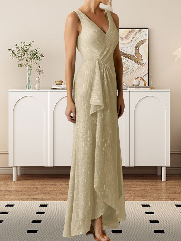 A-Linien-Kleid mit V-Ausschnitt, gerüschtem Metallic-Netz