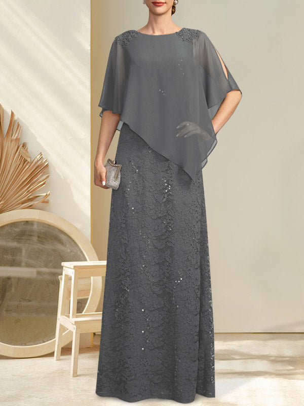 Etui-Linie U-Ausschnitt Bodenlang Chiffon Spitze Kleid für die Brautmutter mit Pailletten Perlenbesatz