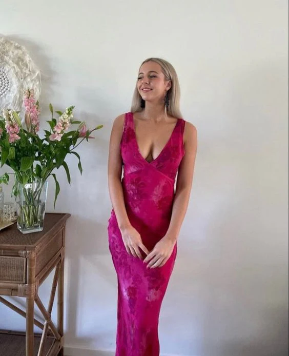 Elegant Deep V Neck Print Floral Evening Dress Prom Gown Y4548