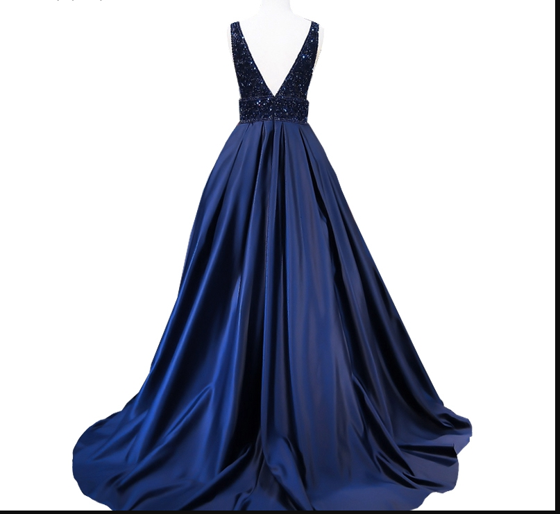 Vestido de noche largo azul marino para mujer, escote en V, sin mangas, espalda abierta, con cuentas, vestido formal de noche Y1193