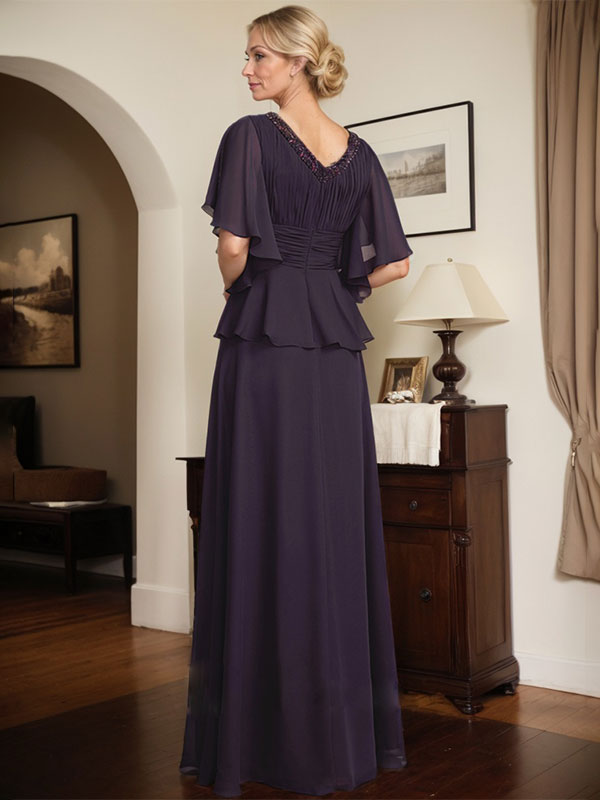A-Linien-Kleid aus Chiffon mit V-Ausschnitt und bodenlangem Schnitt für die Brautmutter mit plissierten Perlen