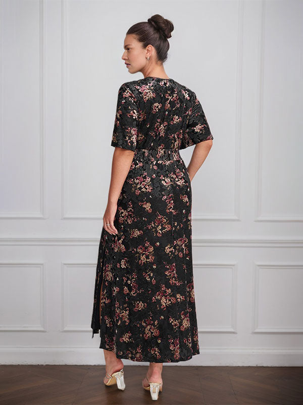 Vestido vintage liso de terciopelo con escote en V y mangas cortas, largo hasta la rodilla, para madre de la novia con abertura