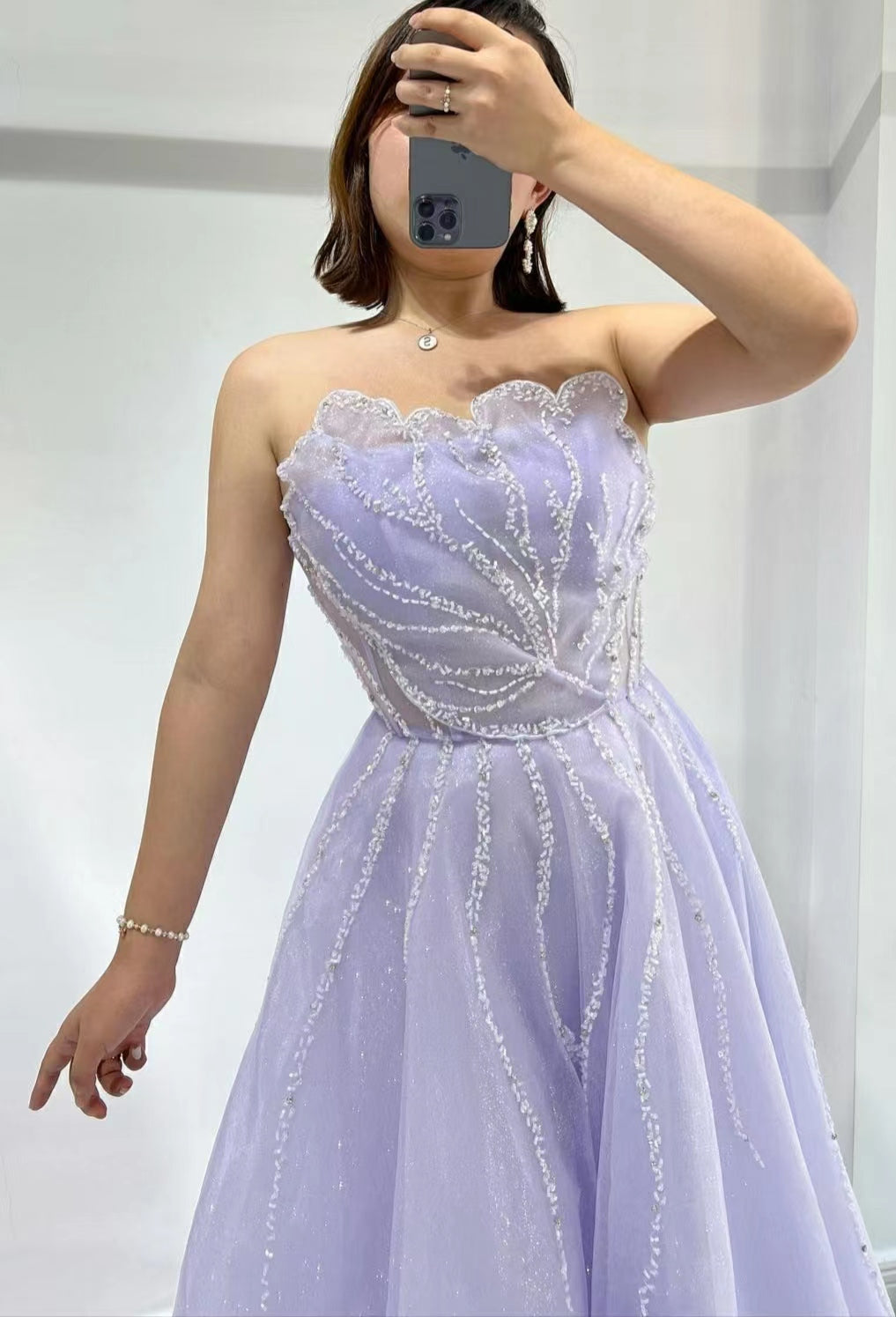 Strapless Lilac A-Line Tulle Prom Dress With Sequins Beads
