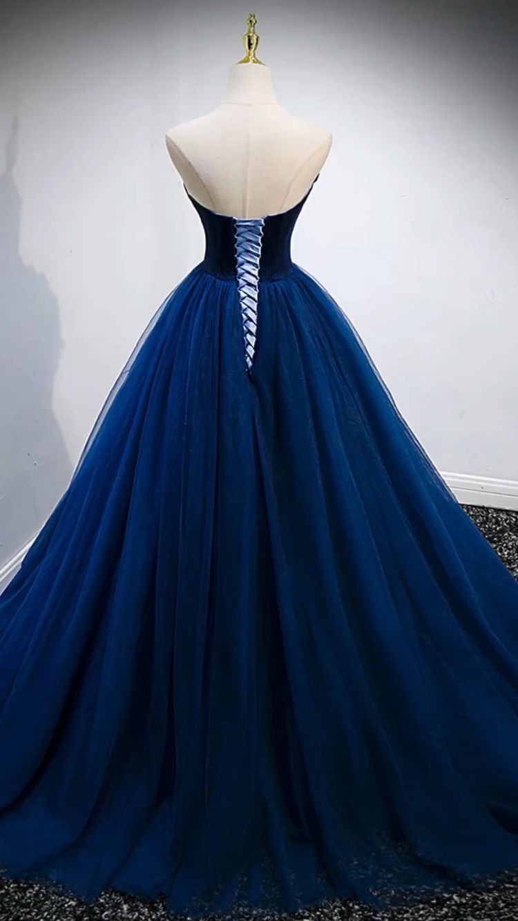 Trägerloses blaues A-Linien-Ballkleid, elegantes Abendkleid Y839