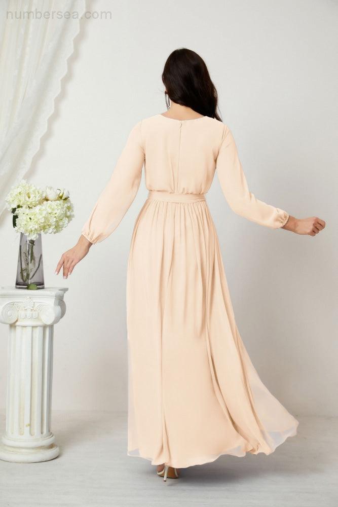 Sunnderly Abendkleider, tiefer V-Ausschnitt, Chiffon, Brautjungfernkleider, lange Bischofsärmel, seitlicher Schlitz, formelles Kleid, SY2806