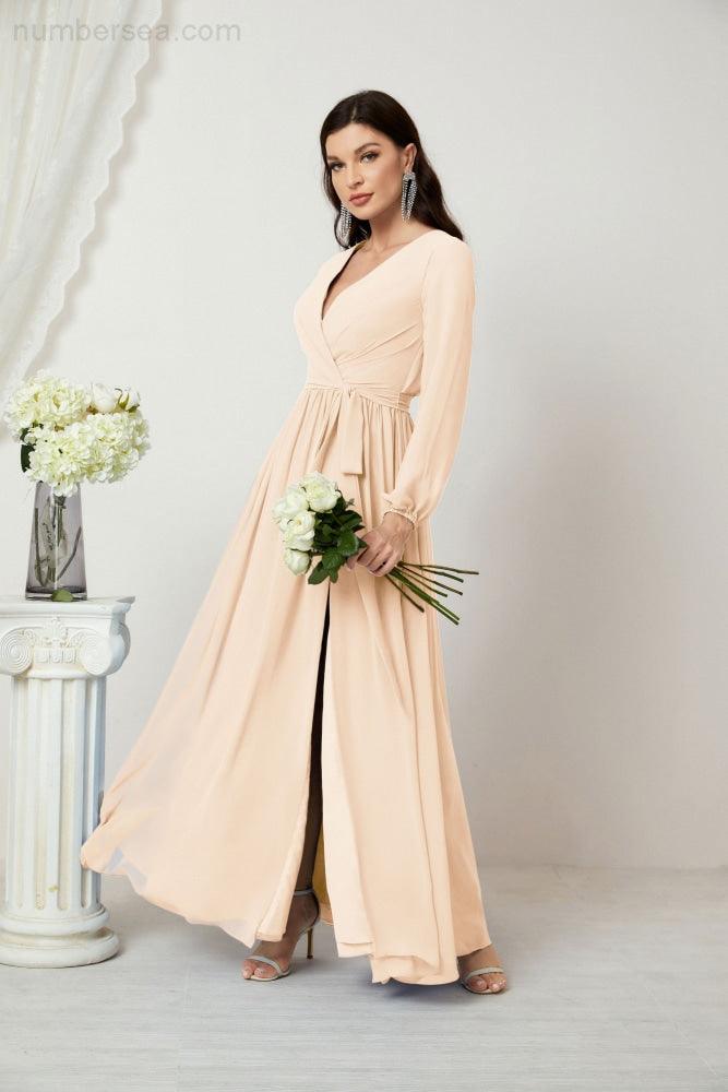 Sunnderly Abendkleider, tiefer V-Ausschnitt, Chiffon, Brautjungfernkleider, lange Bischofsärmel, seitlicher Schlitz, formelles Kleid, SY2806