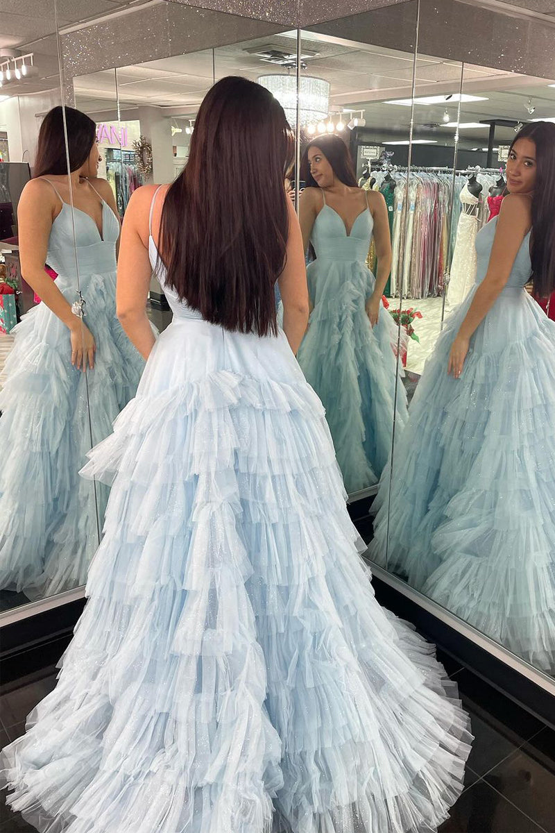 Alianna |A-Linien-Ballkleid aus Tüll mit Spaghettiträgern und Stufen