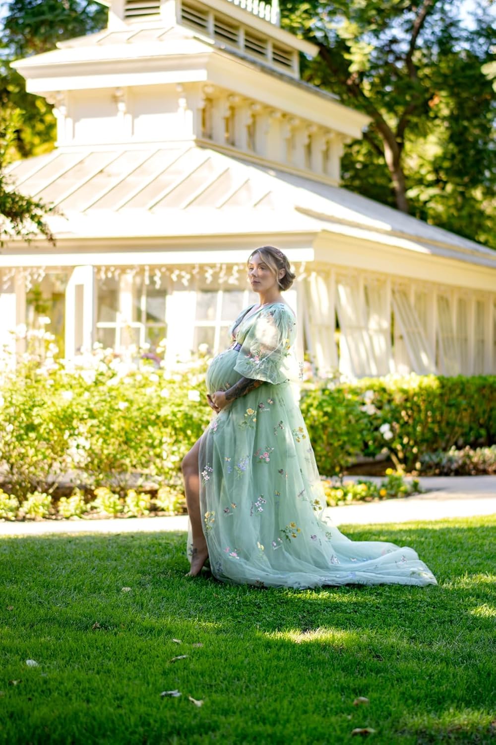 Stickerei Tüll Robe Umstandskleid für Fotoshooting Ballkleid Schlitz Schwangerschaft Baby Shower Kleid