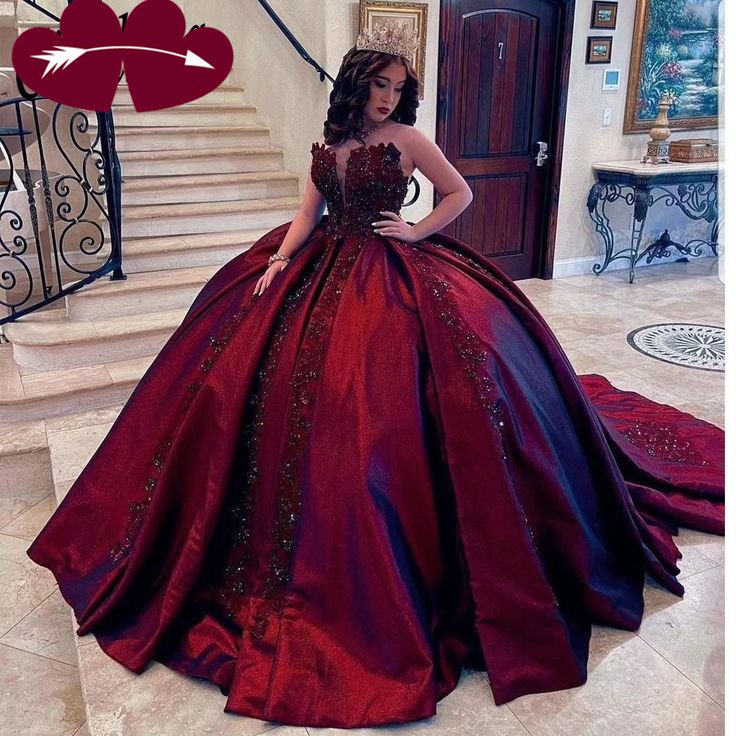 Hermoso vestido de quinceañera de corte A con apliques burdeos y cuentas Y7680