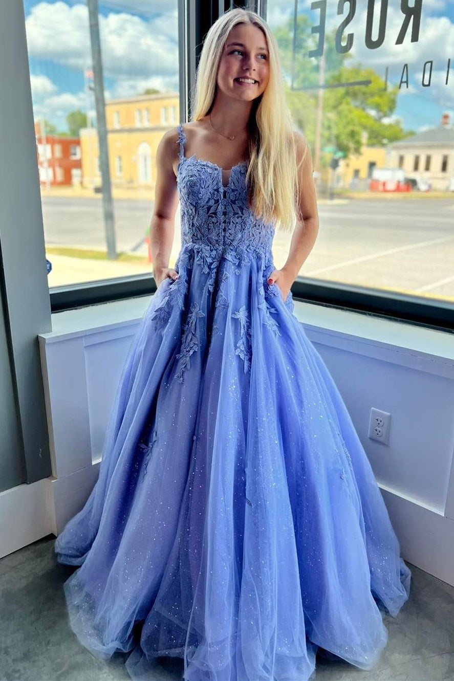 Rosalia | Vestido de fiesta de tul con encaje y tirantes finos, corte A y bolsillos