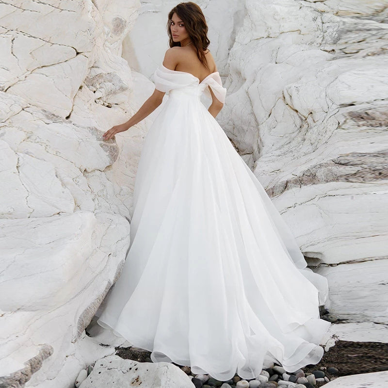 Simple A-Line Bohemian Bridal Dresses Women's Sexy Off Shoulder White Pleated Tulle Beach Formal Prom Party Fashion 2023 Wedding-payinti