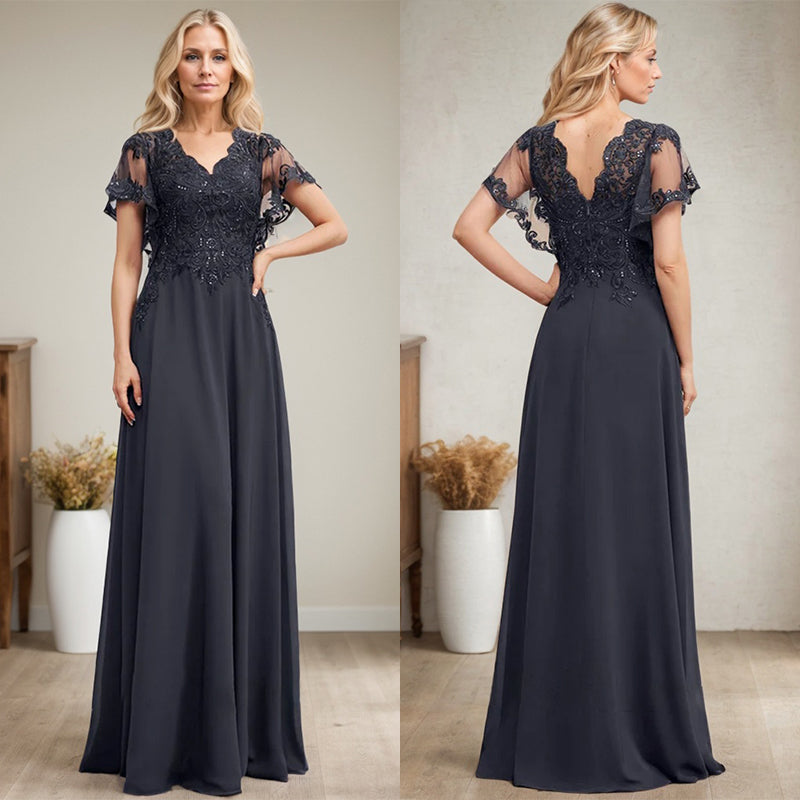 A-Linie V-Ausschnitt Bodenlanges Spitzenchiffonkleid für die Brautmutter mit Pailletten