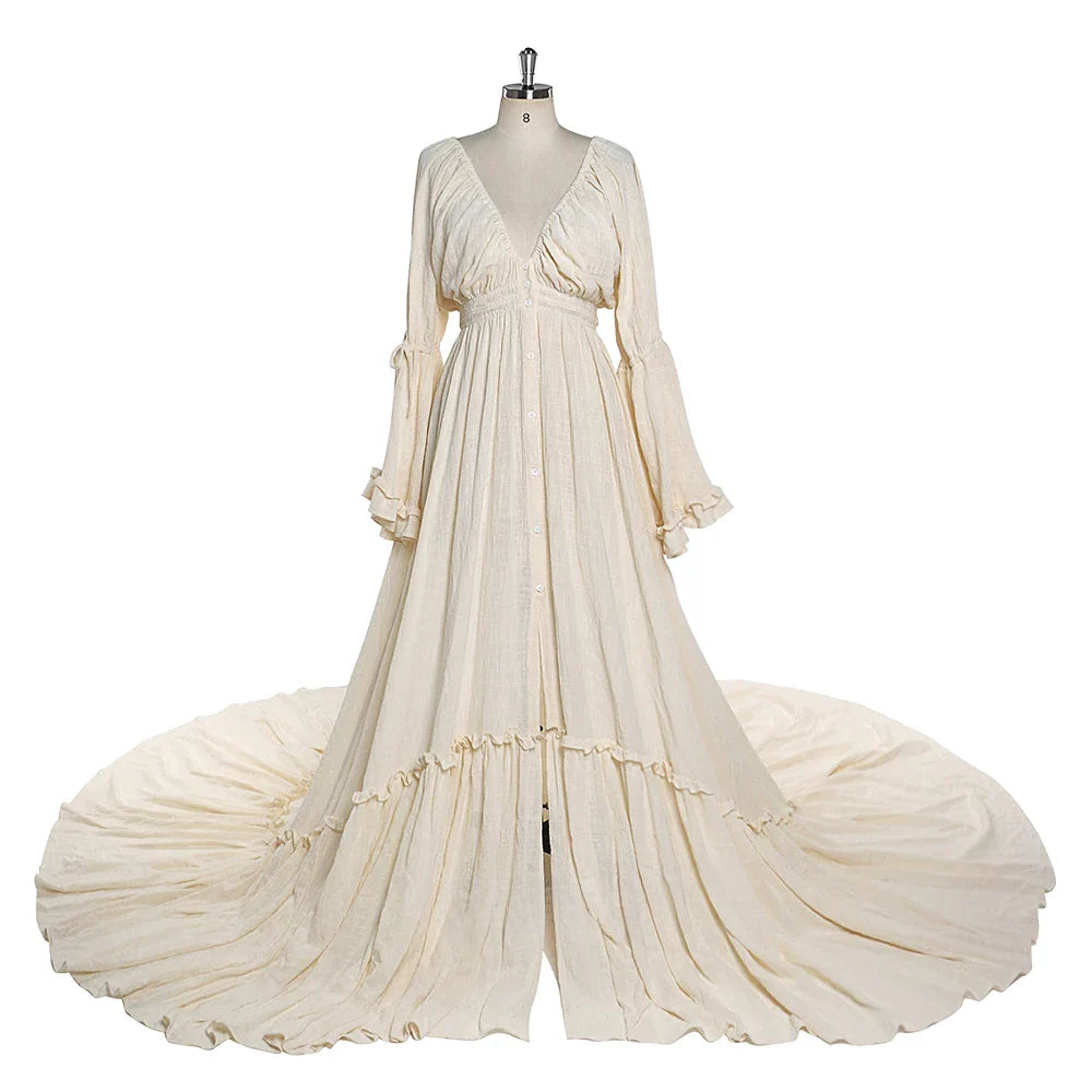 Deep V Neck Long Sleeves Maternity Dresses for Photo Shoot with Front Buttons and Adjustable Waist Sunnderly SY211202