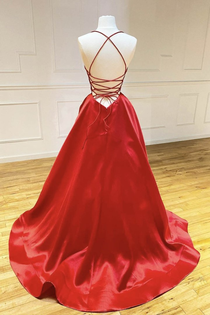 Rotes Satin Langes Ballkleid Rückenfrei Formales Benutzerdefiniertes Einfaches Abendkleid Y764