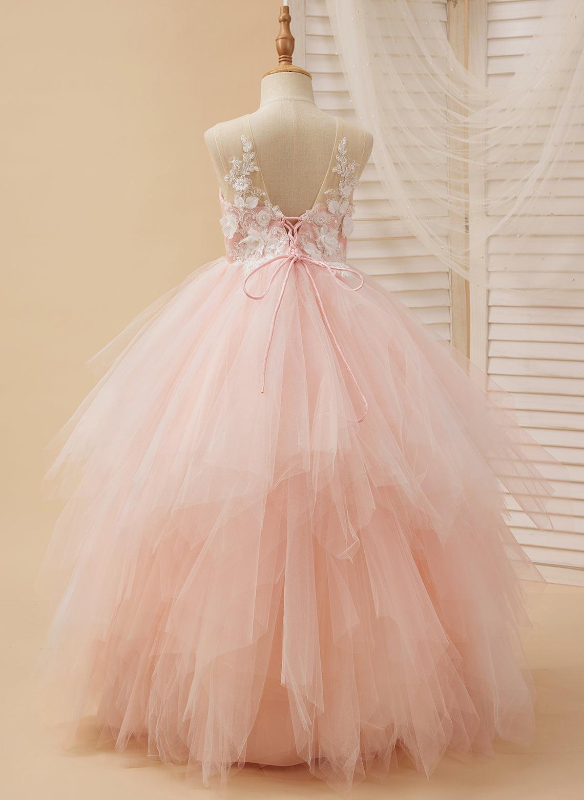 Vestido de fiesta/princesa de tul con encaje rosa hasta el suelo (2003226757)
