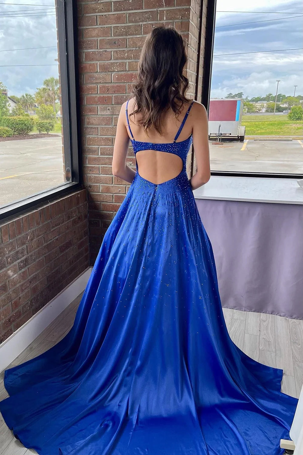 Athena | A-Linie Spaghettiträger Königsblau Langes Ballkleid mit Perlen