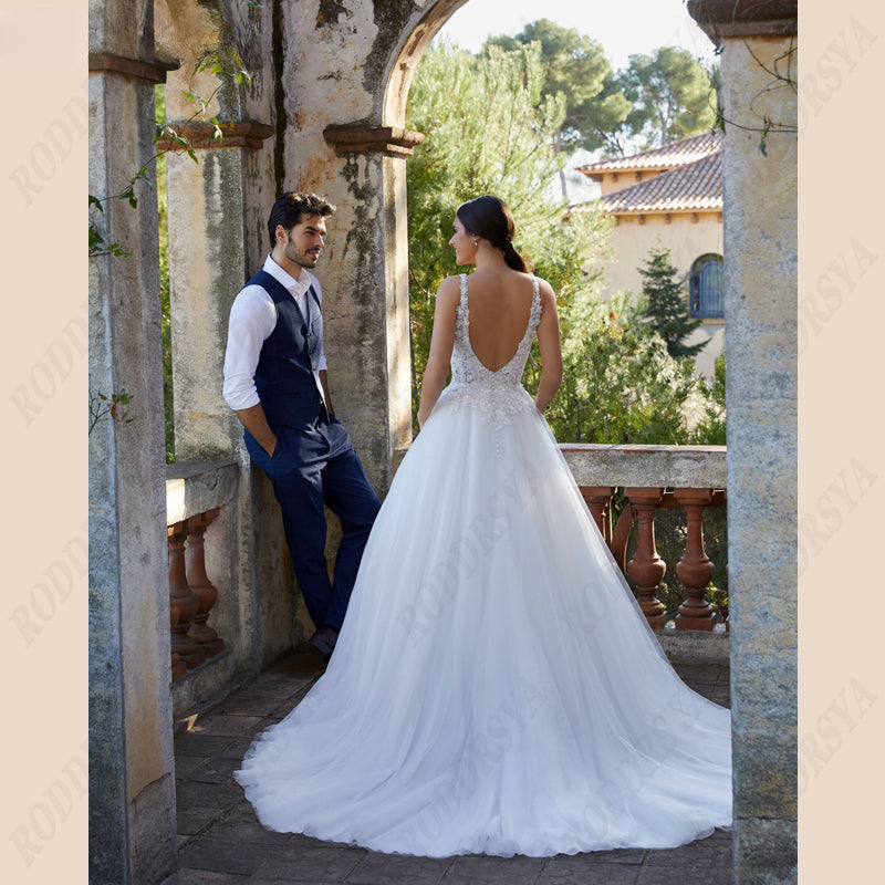 Sleeveless Wedding Dress For Women Tulle V-Neck Bridal Gown Illusion Backles A-line Vestido De Noiva Spaghetti Straps-payinti