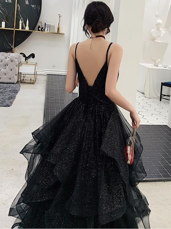Glänzendes schwarzes Ballkleid mit V-Ausschnitt, rückenfreies schwarzes Abendkleid mit V-Ausschnitt Y1767