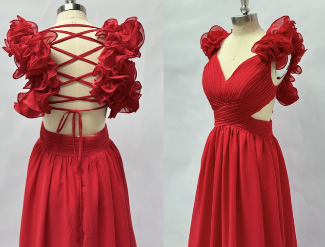 Chiffon A-Linie Rüschen Ballkleider für Damen V-Ausschnitt Lange Brautjungfernkleider Rückenfreies formelles Abendkleid Y3043