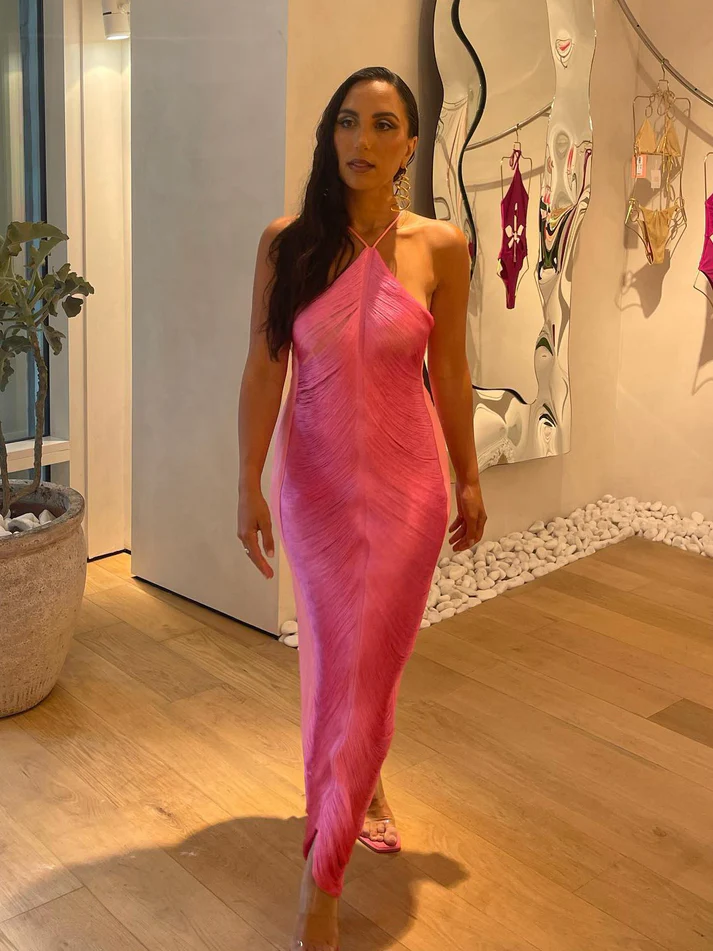 Vestido de fiesta largo de sirena con cuello halter rosa, vestido de noche formal Y8477