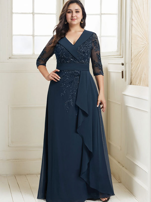 A-Linien-Kleid mit Kragen, V-Ausschnitt, bodenlanges Chiffon-Spitzenkleid für die Brautmutter mit Pailletten und kaskadierenden Rüschen
