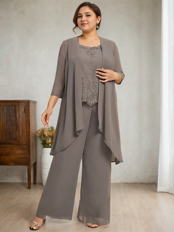 Separates Jumpsuit/Hosenanzug, U-Ausschnitt, bodenlanges Chiffon-Spitzenkleid für die Brautmutter mit Perlen und Pailletten