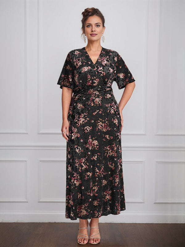 Vestido vintage liso de terciopelo con escote en V y mangas cortas, largo hasta la rodilla, para madre de la novia con abertura