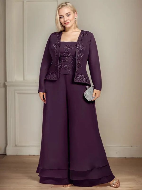 Separates Jumpsuit/Hosenanzug Quadratisches Knöchellanges Spitzenchiffonkleid für die Brautmutter mit Pailletten