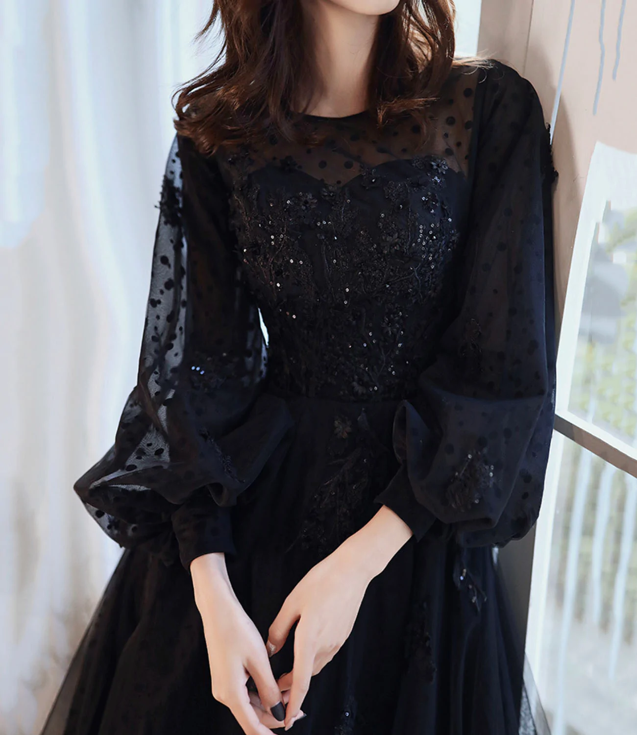 Schwarzes langes Ballkleid aus Spitze in A-Linie Y1294